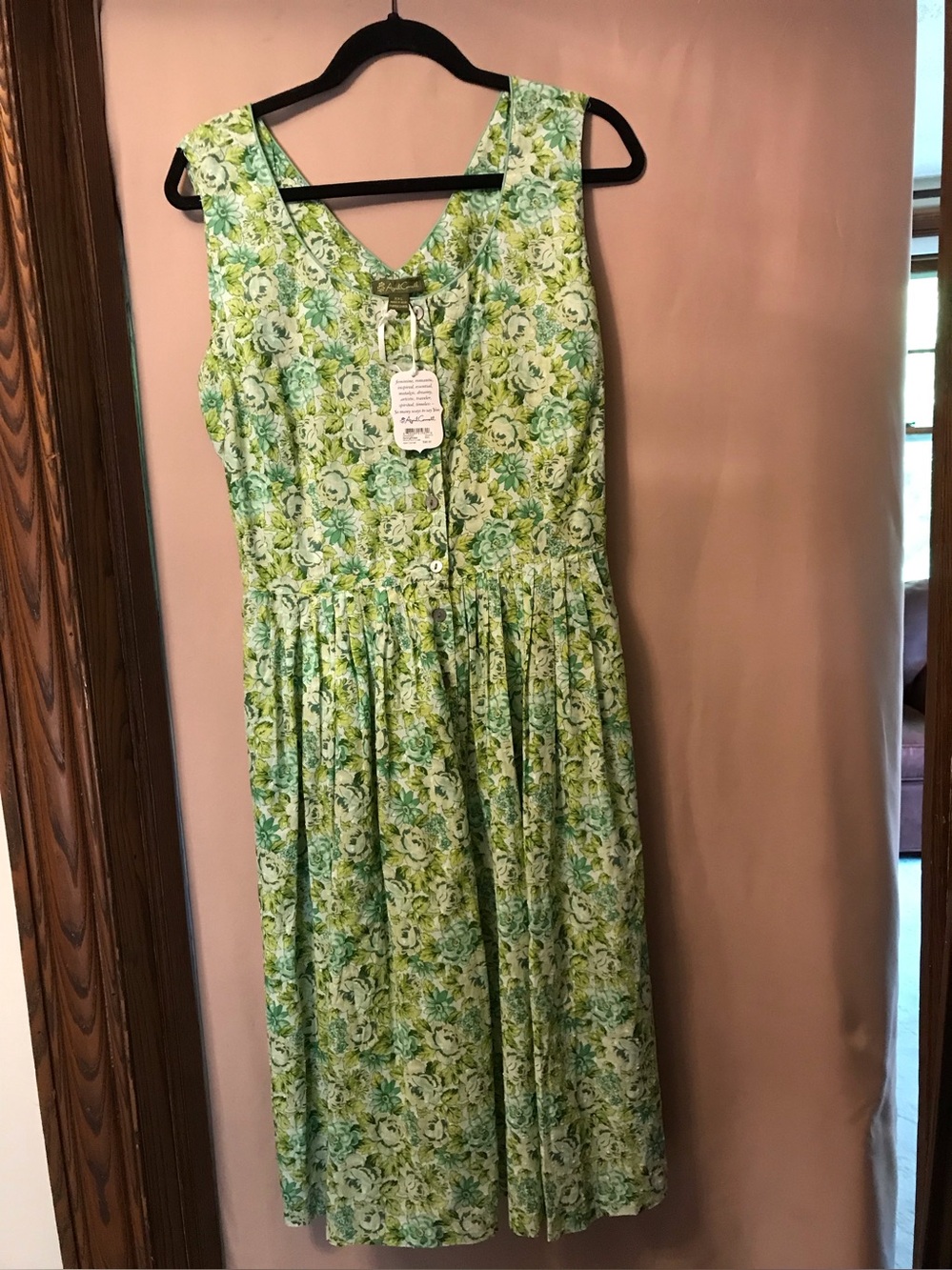 April Cornell Green Floral Midi Dress with full length button front